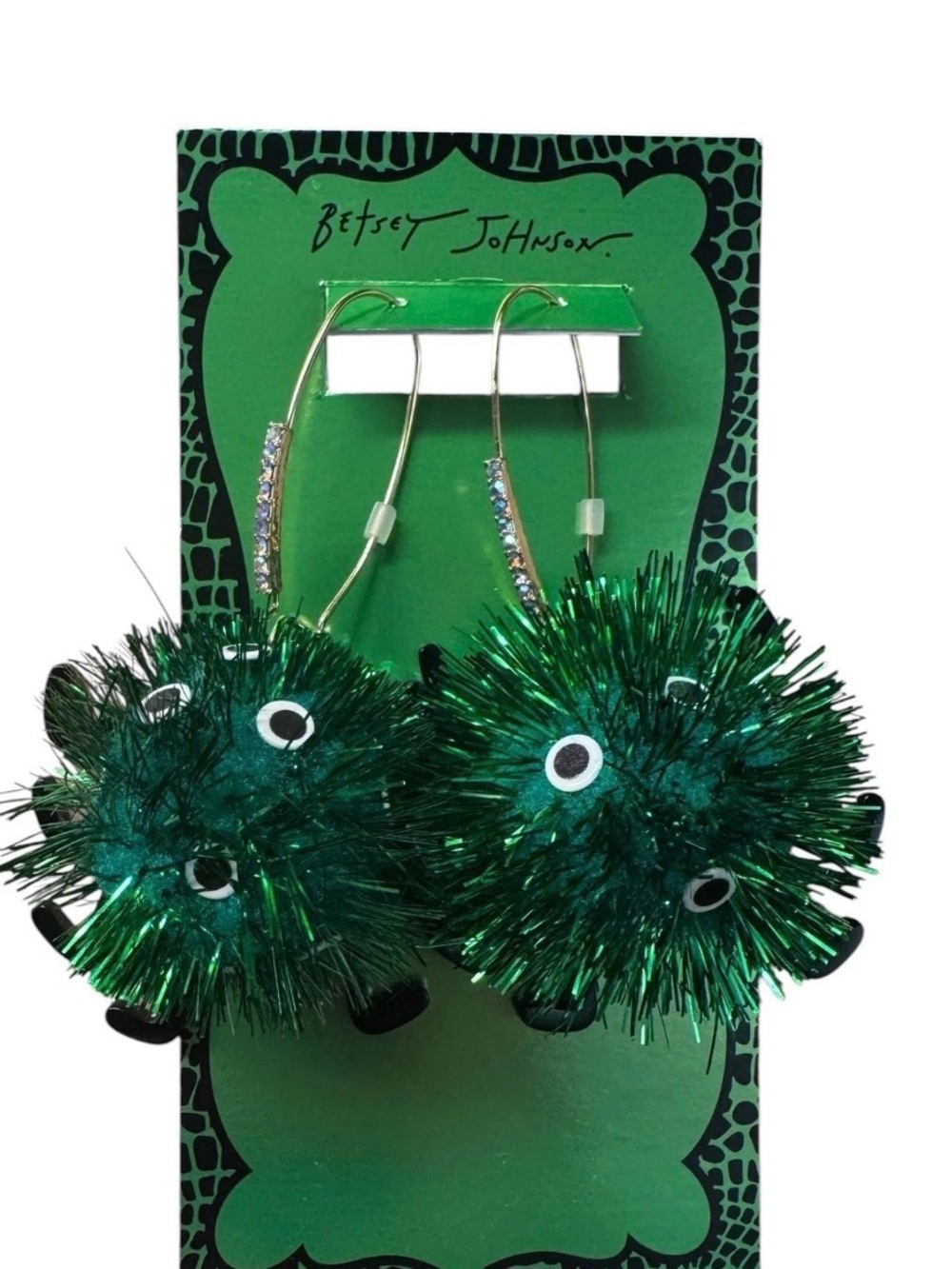 New Betsey Johnson Green Pom-Pom Spider Drop Earrings with Gold Crystal Hooks - Picture 3 of 5